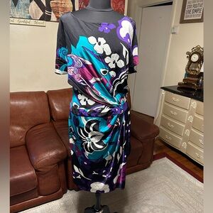 ESCADA Y2K VINTAGE STRETCH TEAL PURPLE PRINT SILK  TEXTURED RUSHED SIDE …